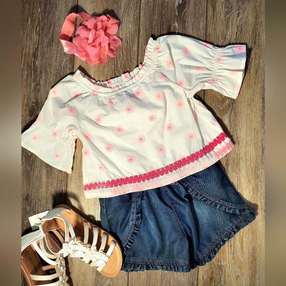 Limited Too girl's one piece white, pink, orange shorts and blouse set jumper